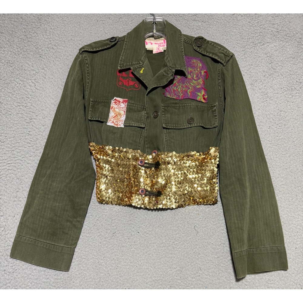 Fresh Karma Cropped Army Jacket Patches Gold Sequin Urban Fashion Size Small